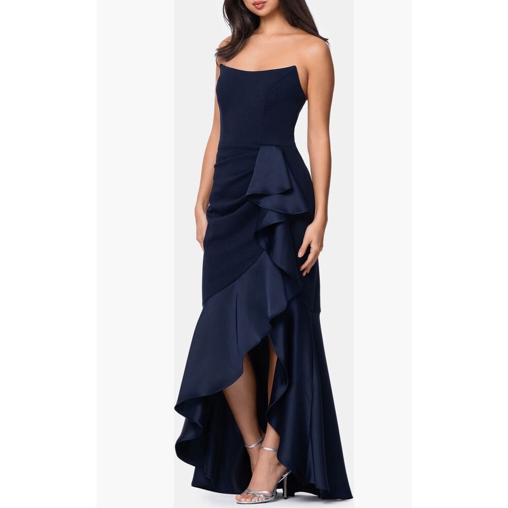 Betsy & Adam Navy Satin Ruffle Strapless Gown Size 8 (new with tags) - Picture 3 of 8